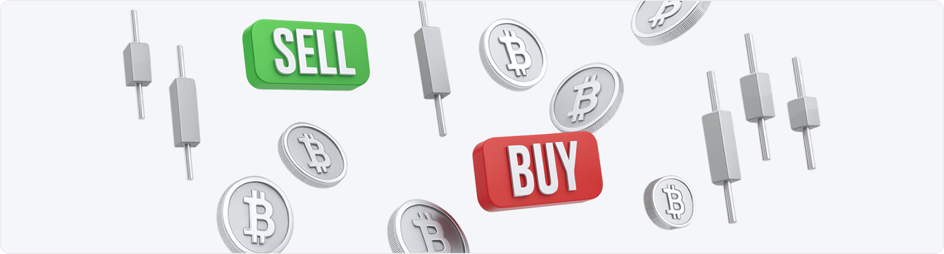 3D rendering of Bitcoin trading elements: 'BUY' and 'SELL' buttons, Bitcoin symbols, and candlestick charts
